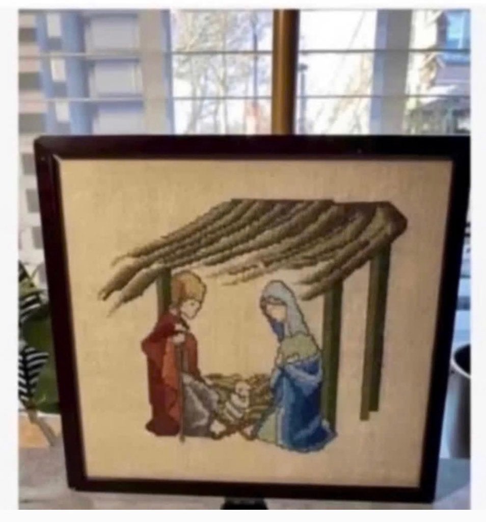 Lijst Brocante geborduurd Jozef Maria Jezus 25 x 23 cm, Verzamelen, Ophalen of Verzenden, Gebruikt, Overige typen