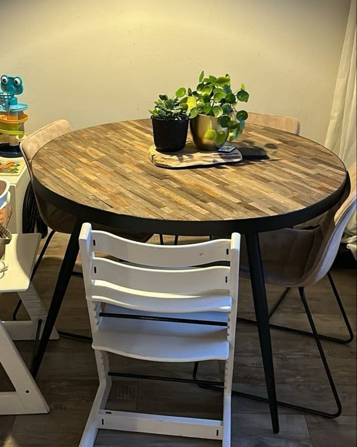 Ronde eettafel met houten blad en metalen poten, Huis en Inrichting, Ophalen, Gebruikt, 100 tot 150 cm, Rond