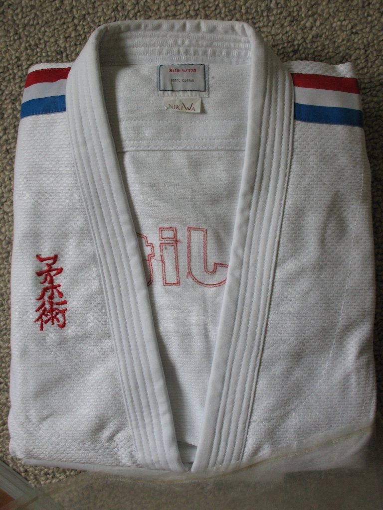 Jiu-Jitsu /  BJJ wit wafel budopak + rode jap. tekst NIEUW !, Maat M, Ophalen, Nieuw, Overige