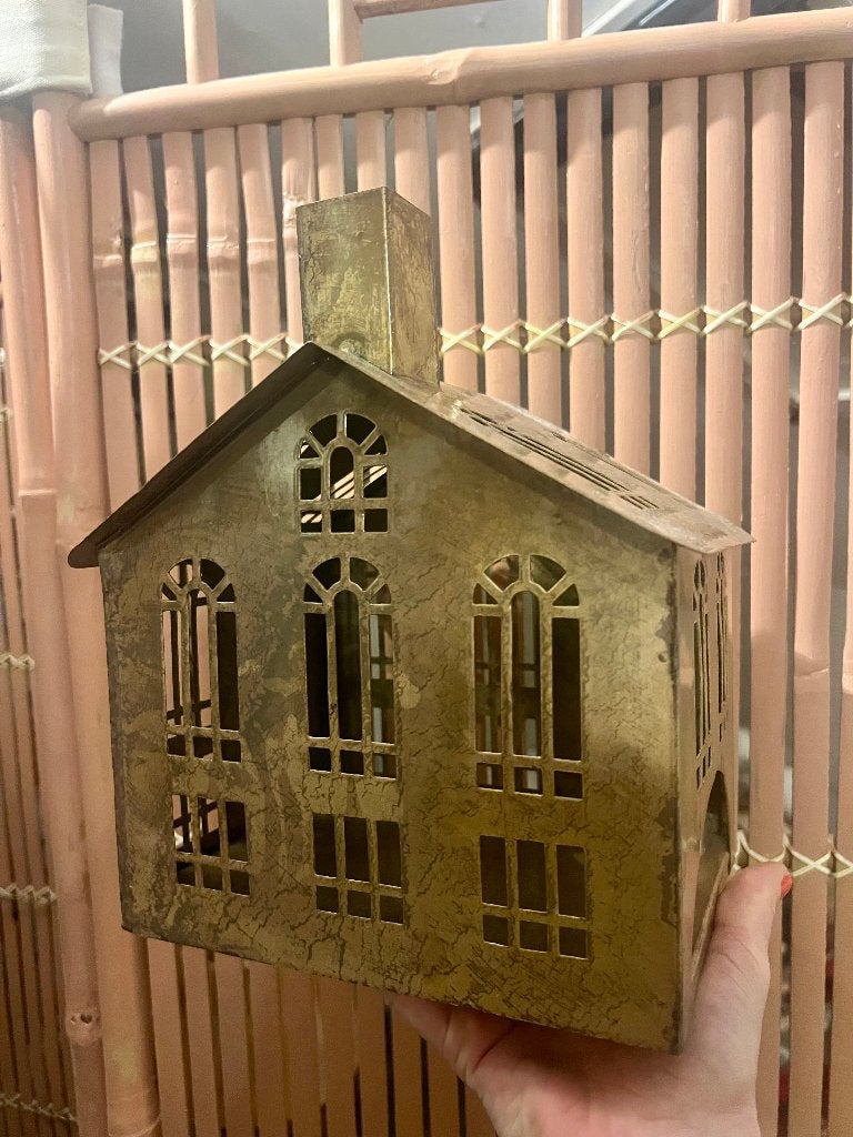 Vintage metalen kersthuisje waxinelichthouder kerk windlicht, Waxinelichthouder, Ophalen of Verzenden, Zo goed als nieuw, Metaal