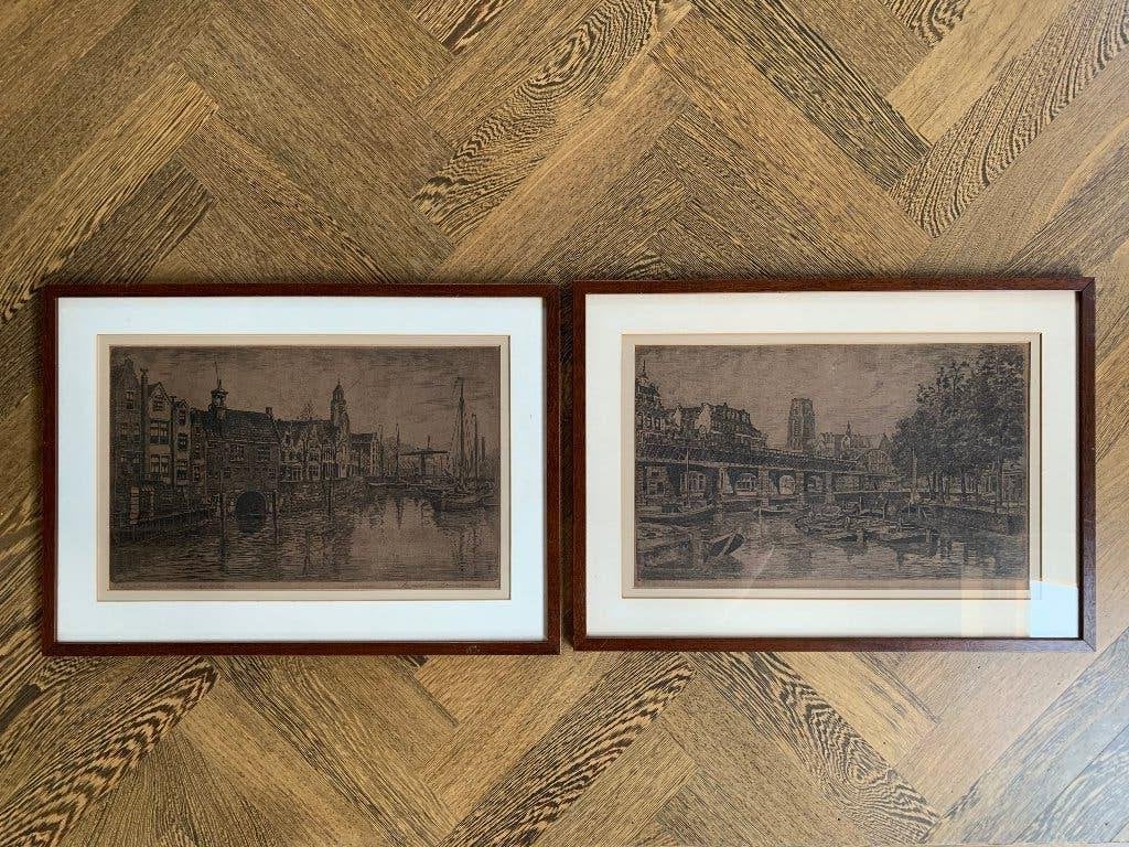 Etsen Rotterdam Kolk en Delfshaven, Antiek en Kunst, Kunst | Etsen en Gravures, 54 cm, Stadsgezicht, Ophalen of Verzenden, Ingelijst
