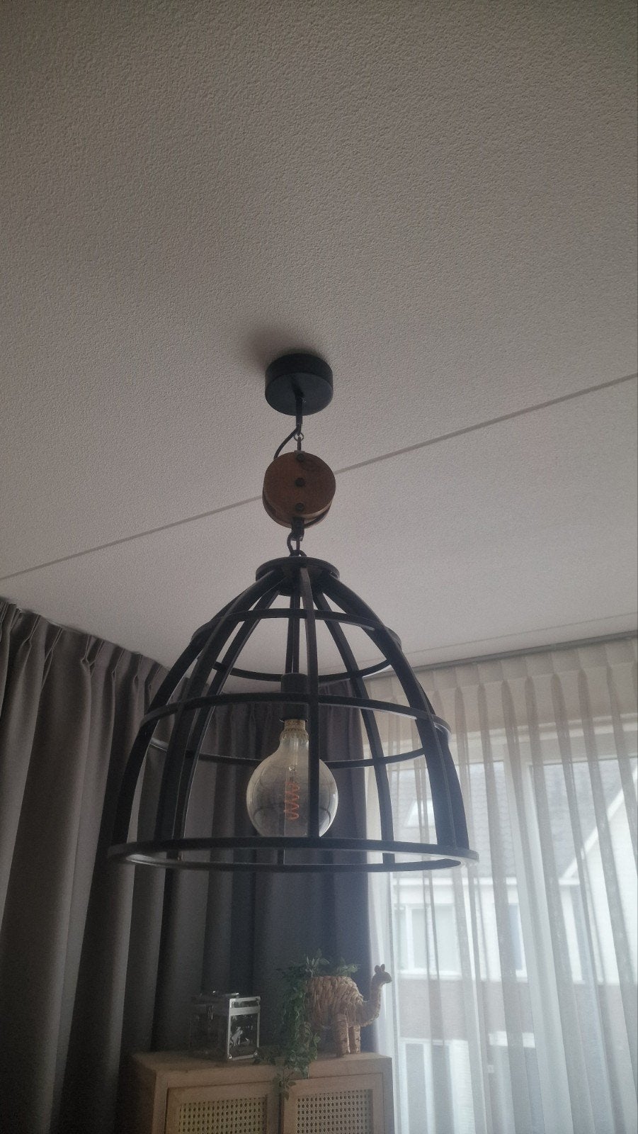 Industriële hanglamp met kooi en katrol - Zwart metaal, Gebruikt, Industrieel, Vintage, Hout, E27 (groot)