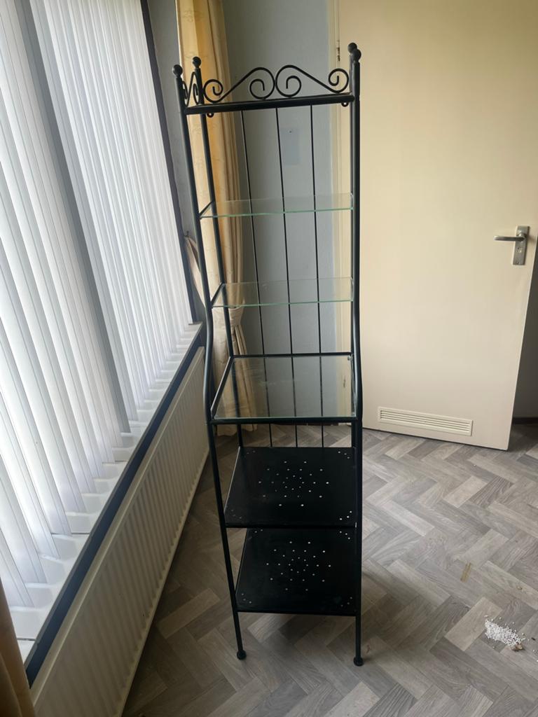 IKEA metalen rek met glazen planken, Ophalen, Gebruikt