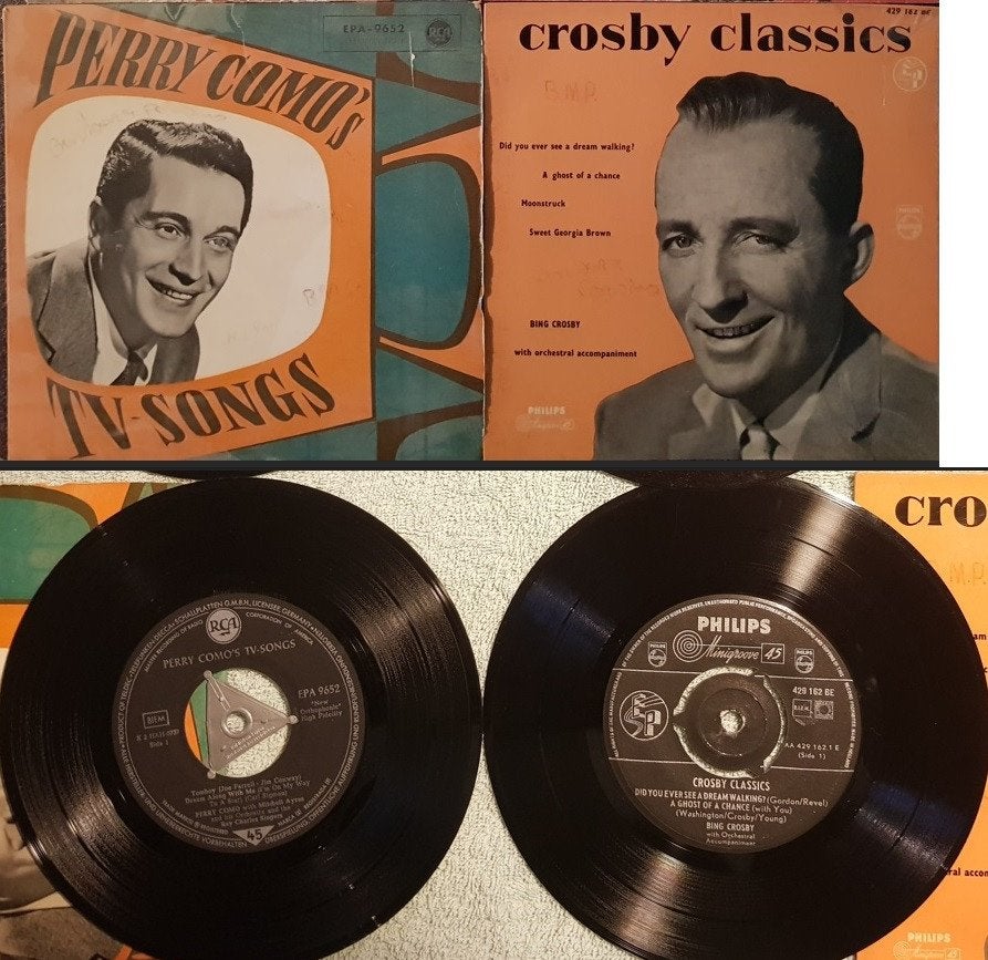 2 vinyl Singles Bing Crosby + Perry Como / vintage, Gebruikt, 7 inch, Ophalen of Verzenden, Pop