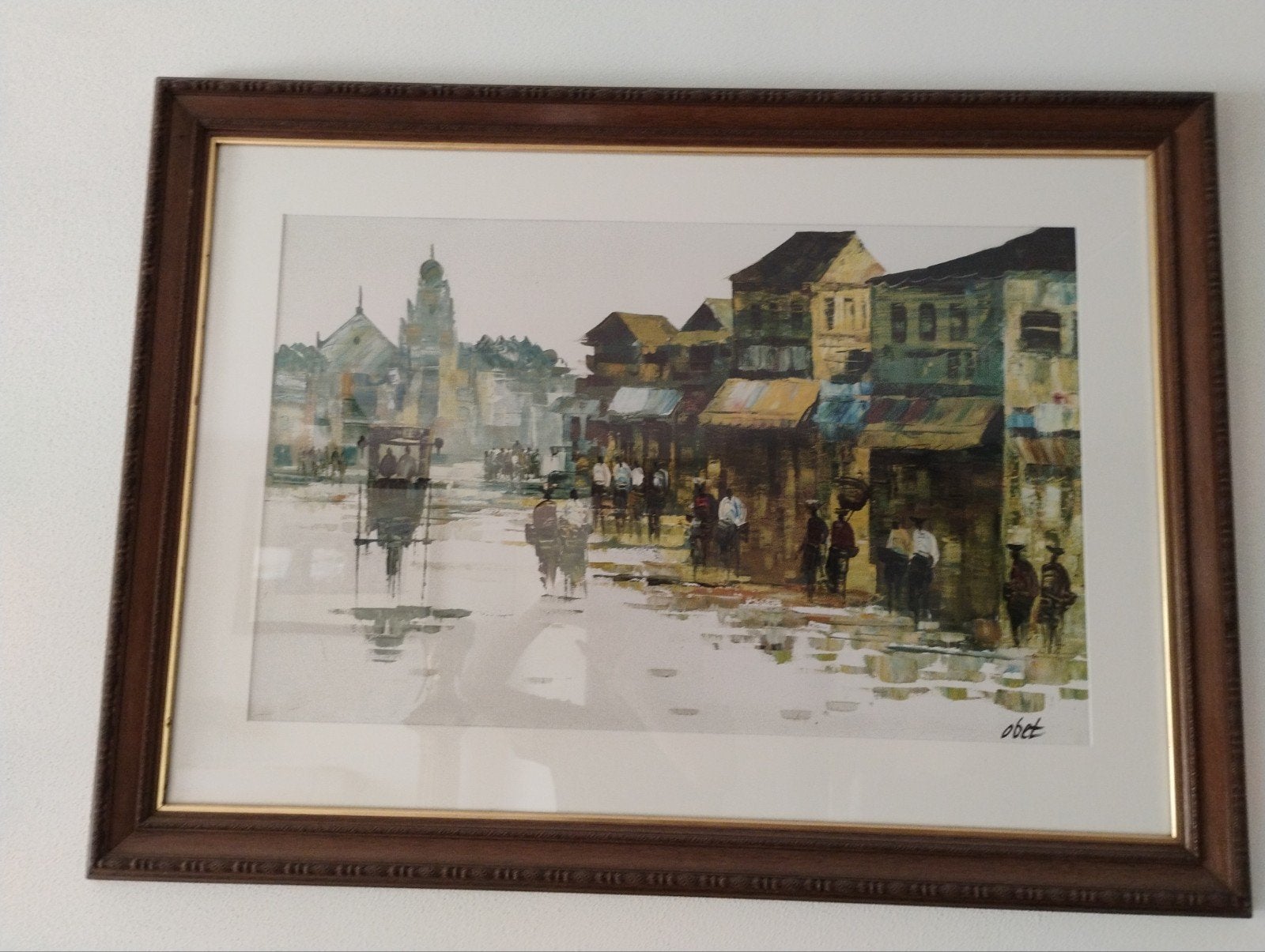 Stadsgezicht schilderij met lijst - 90x122 cm, Antiek en Kunst, Ophalen, Doek, Realistisch, Ingelijst