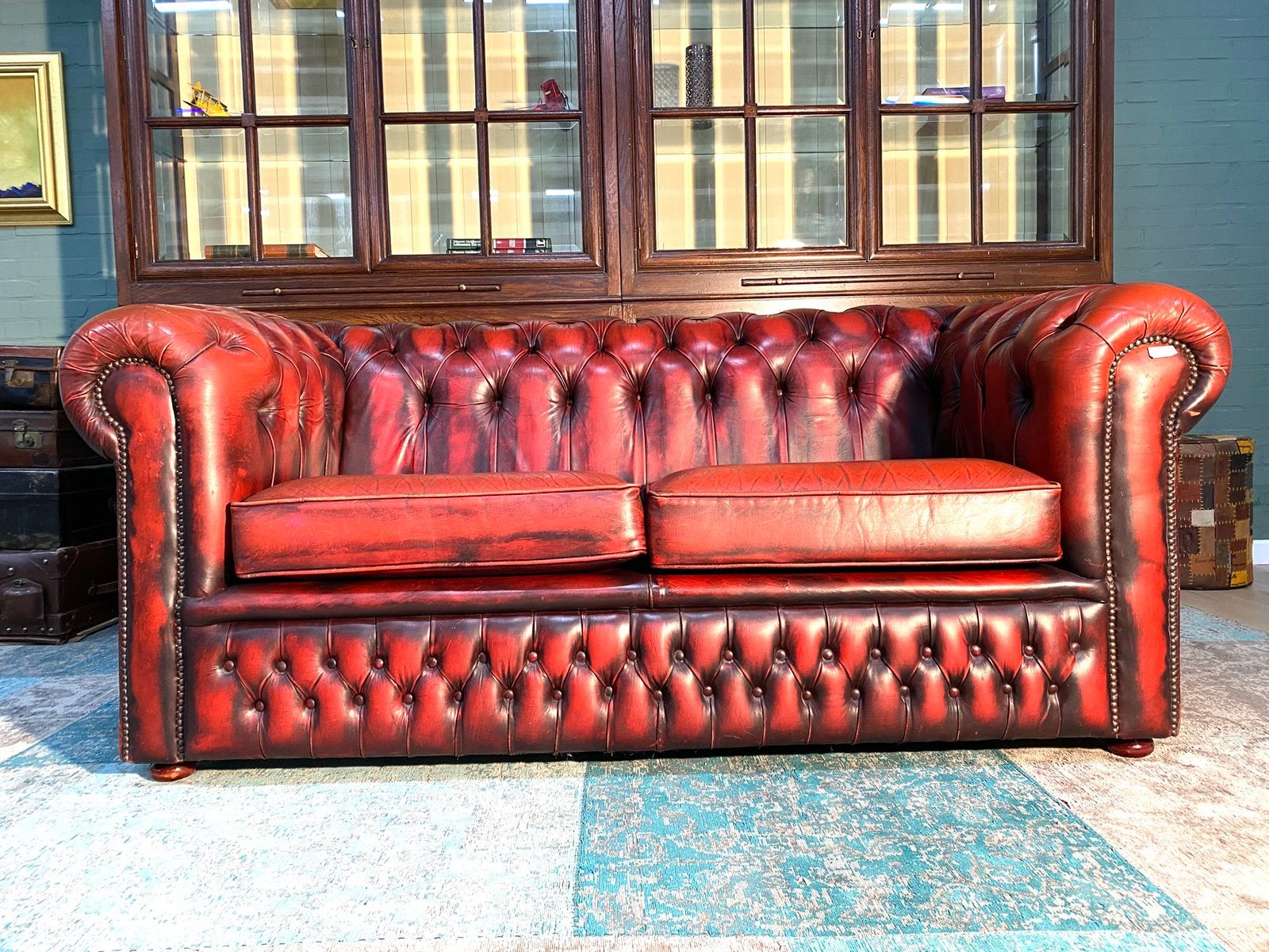 Super gave Engelse Chesterfield bank oxblood rood, Ophalen, Zo goed als nieuw, Rechthoekig, Leer