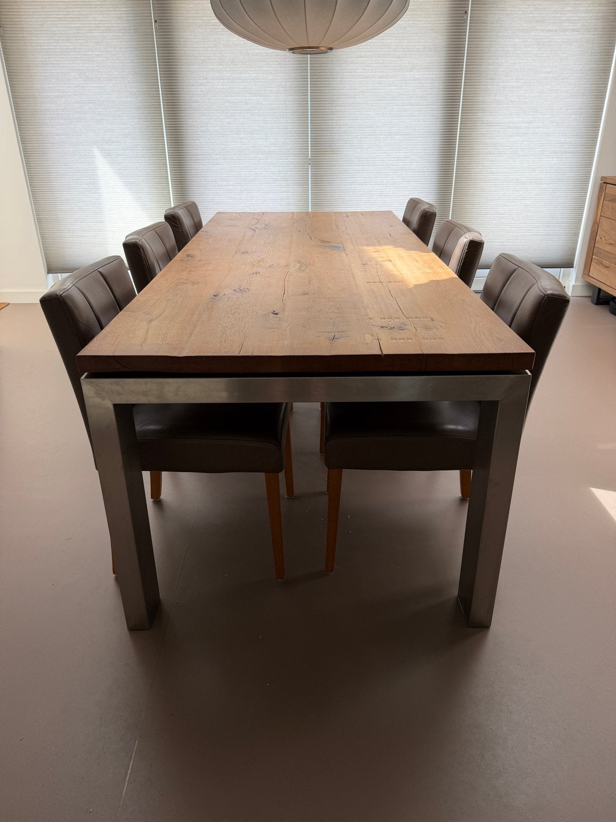 Eettafel set - Eikenhout blad RVS poten incl. Leren stoelen, Huis en Inrichting, Tafels | Eettafels, Ophalen, Gebruikt, Eikenhout