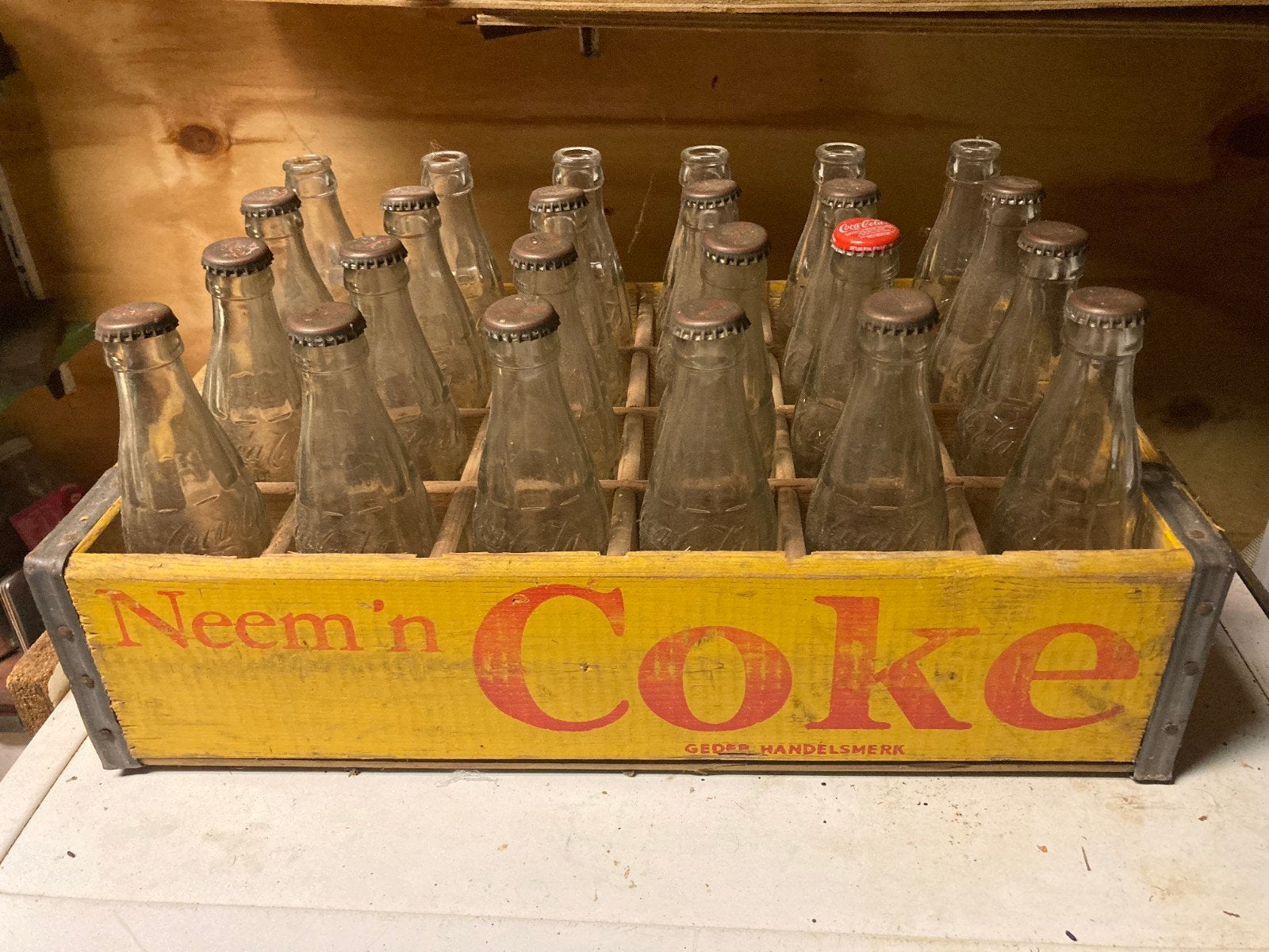 Vintage Coca-Cola krat met 24 lege flessen, Ophalen, Gebruikt