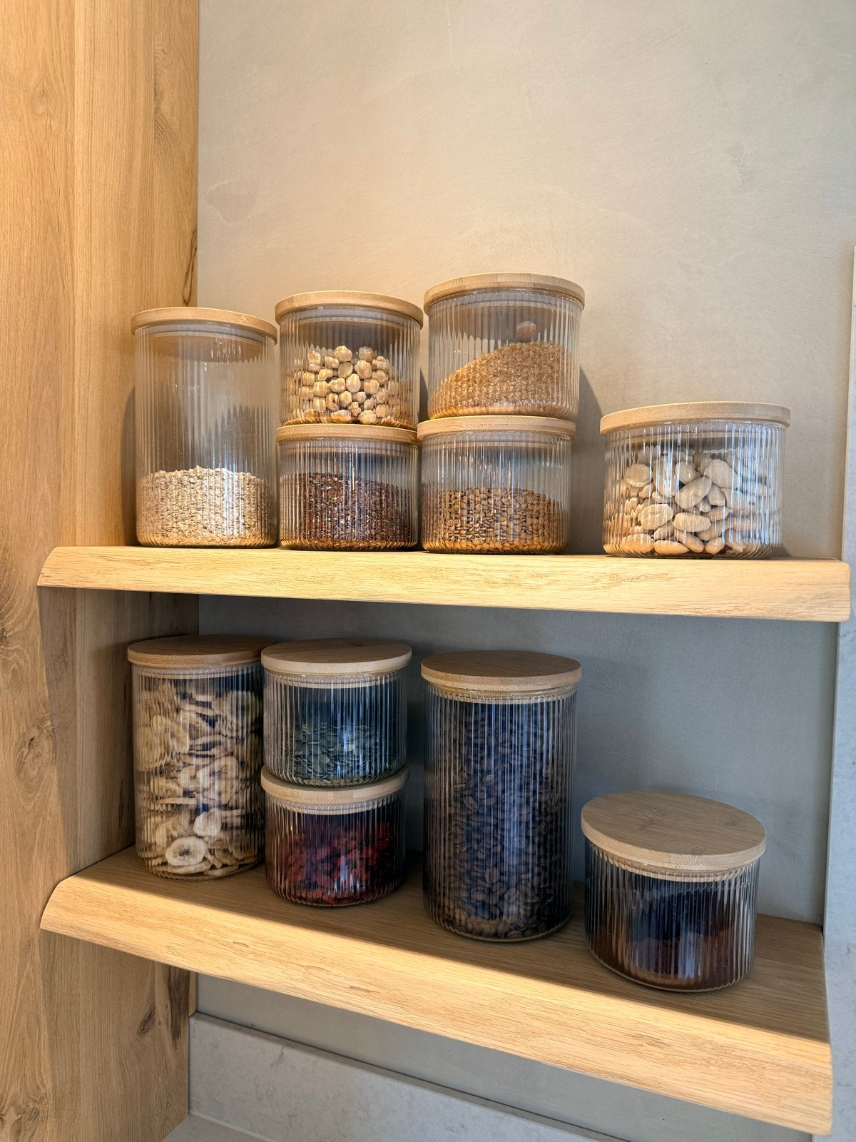Glazen voorraadpotten met bamboe deksel - diverse maten, Ophalen, Glas, Zo goed als nieuw, Voorraadpot