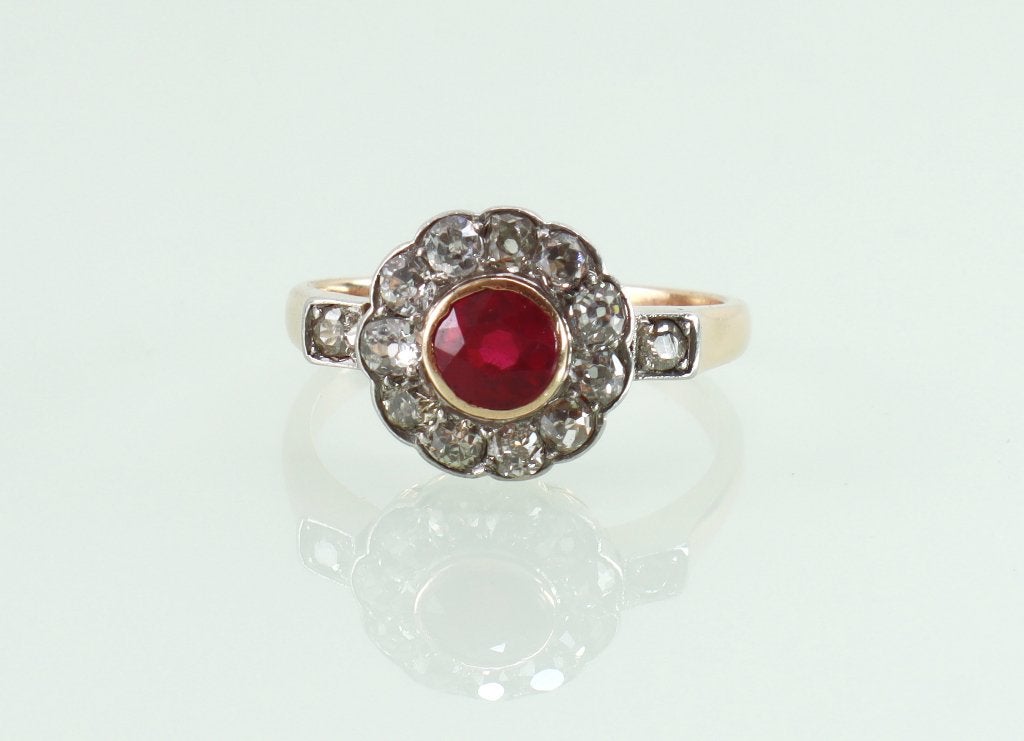 Antieke goud met platina ring robijn diamanten Art Deco, Sieraden, Tassen en Uiterlijk, Antieke sieraden, Ring, Goud, Met edelsteen