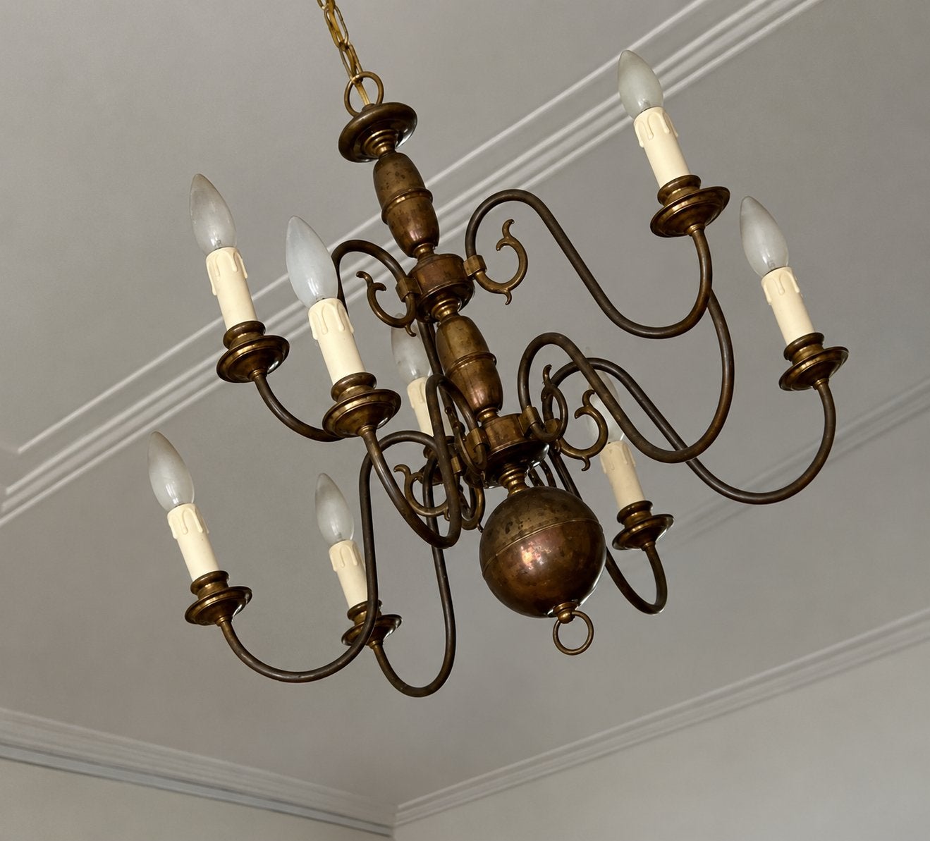 Antieke bronzen kroonluchter met 9 armen, Ophalen, Gebruikt, Metaal, E14 (klein)