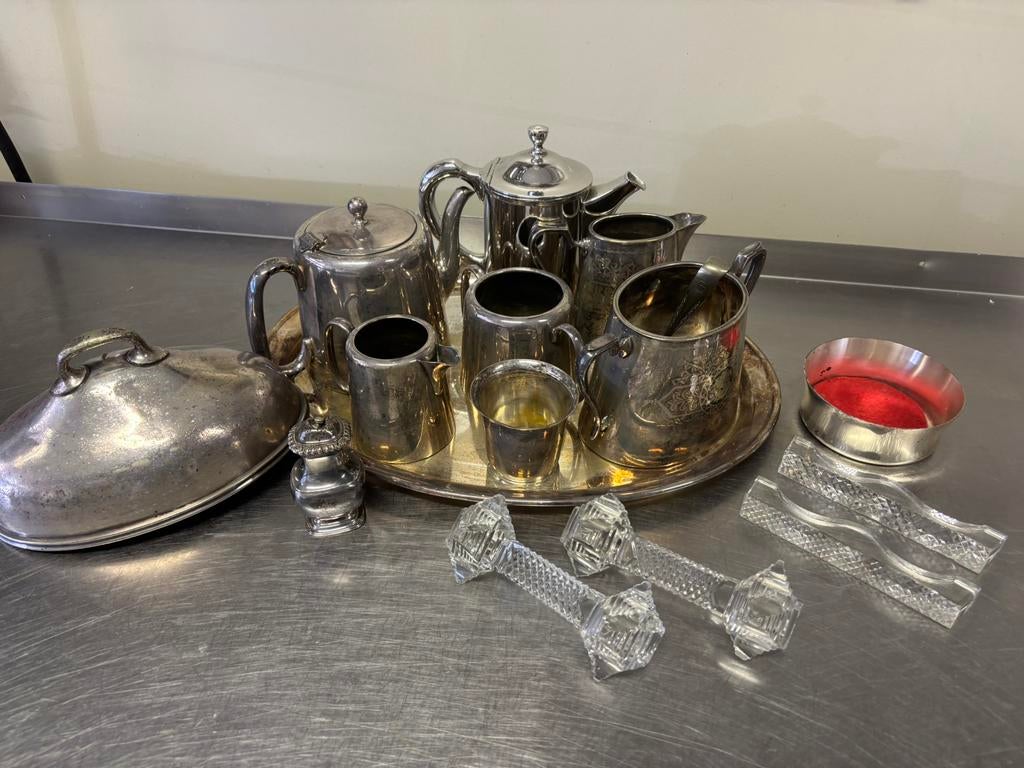 Antiek Verzilverd Theeservies met Dienblad, Ophalen of Verzenden, Zilver