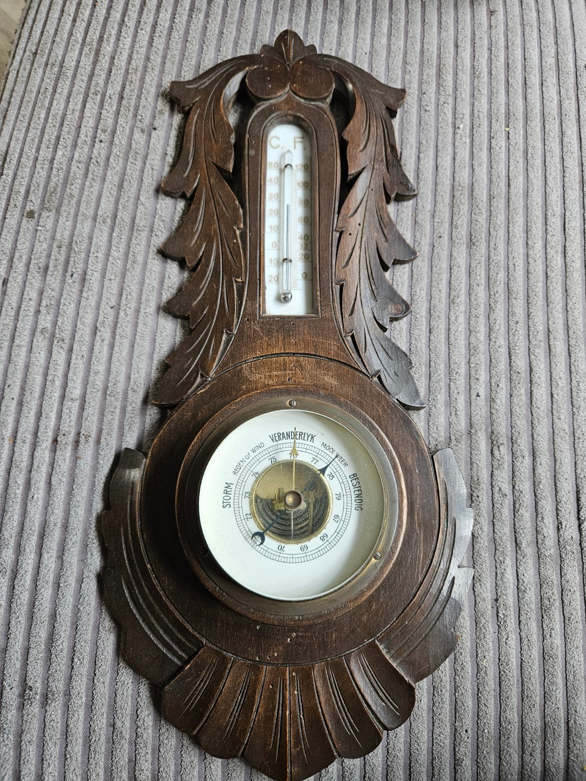 Antieke Barometer en Thermometer - Houtsnijwerk, Ophalen of Verzenden, Gebruikt, Barometer