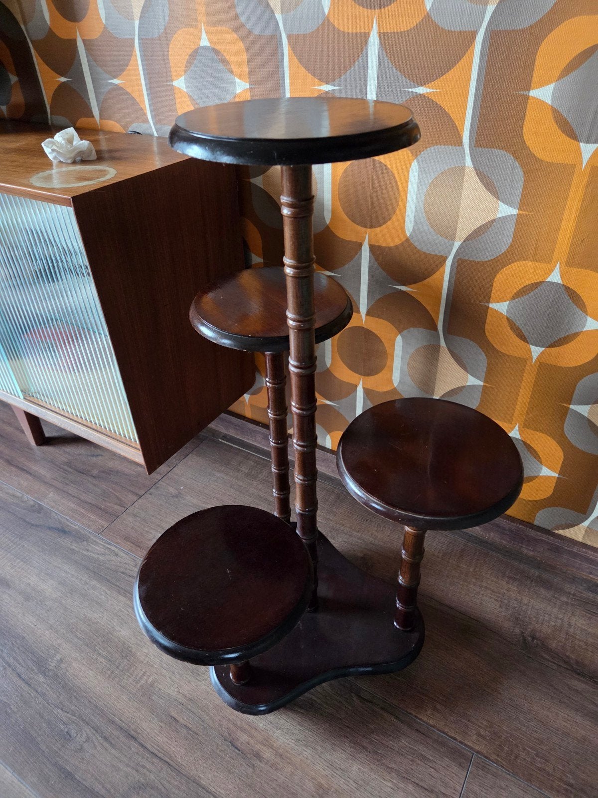 Vintage plantentafel / bloemenrek bamboe - 73 cm hoog, Ophalen, Gebruikt, Bruin, Vintage