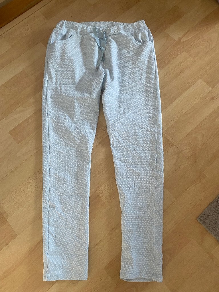 broek lichtblauw bewerkt elast taille stretch L, Overige kleuren, Maat 42/44 (L), Nieuw, Ophalen of Verzenden