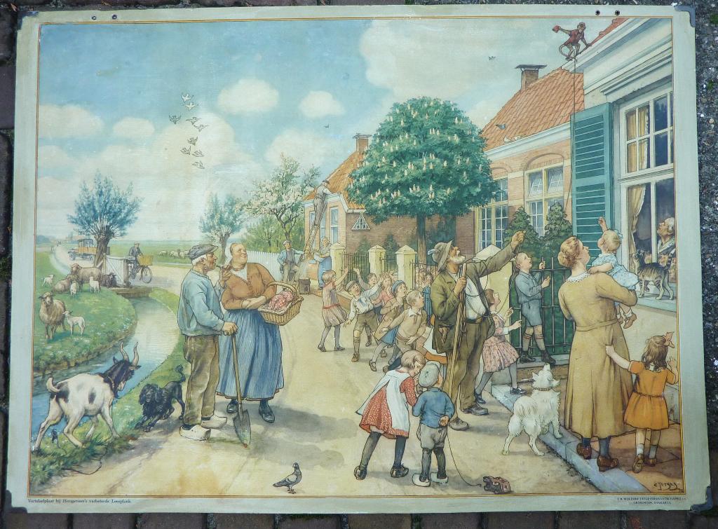 oude vertelsel schoolplaat van AAP NOOT MIES, Antiek en Kunst, Antiek | Schoolplaten, Ophalen of Verzenden, Stad- en Dorpsgezichten