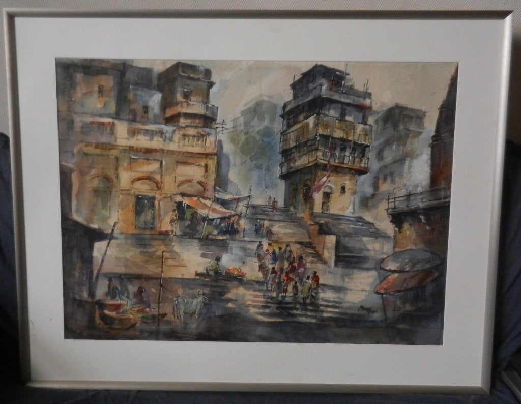 Grote aquarel Oever van de Ganges Benares India gesigneerd, Impressionistisch, Ophalen of Verzenden, Aquarel, Origineel werk