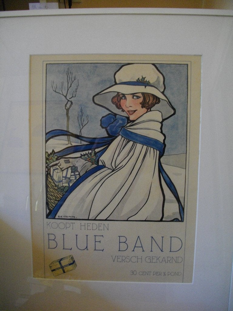 Rie Cramer Blue Band reclame, Antiek en Kunst, Ophalen, Overige stijlen, Ingelijst, Tekening