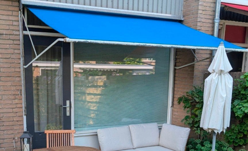 Blauw knikarmscherm zonnescherm - 300 cm, Ophalen of Verzenden, Zo goed als nieuw, 150 tot 300 cm, 250 cm tot 450 cm