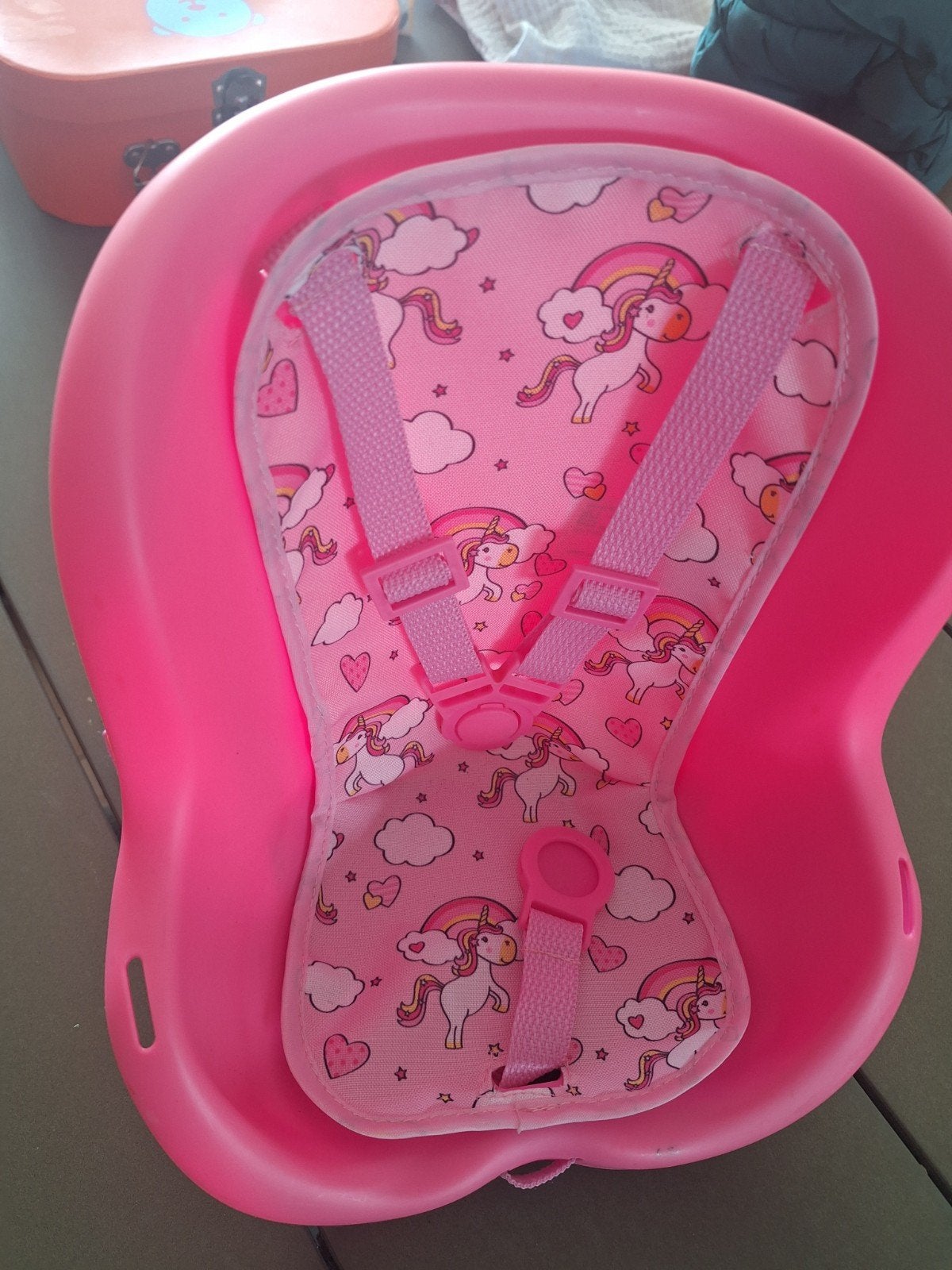Roze poppenfietszitje met eenhoornprint, Achterzitje, Gebruikt, Onbekend, Ophalen