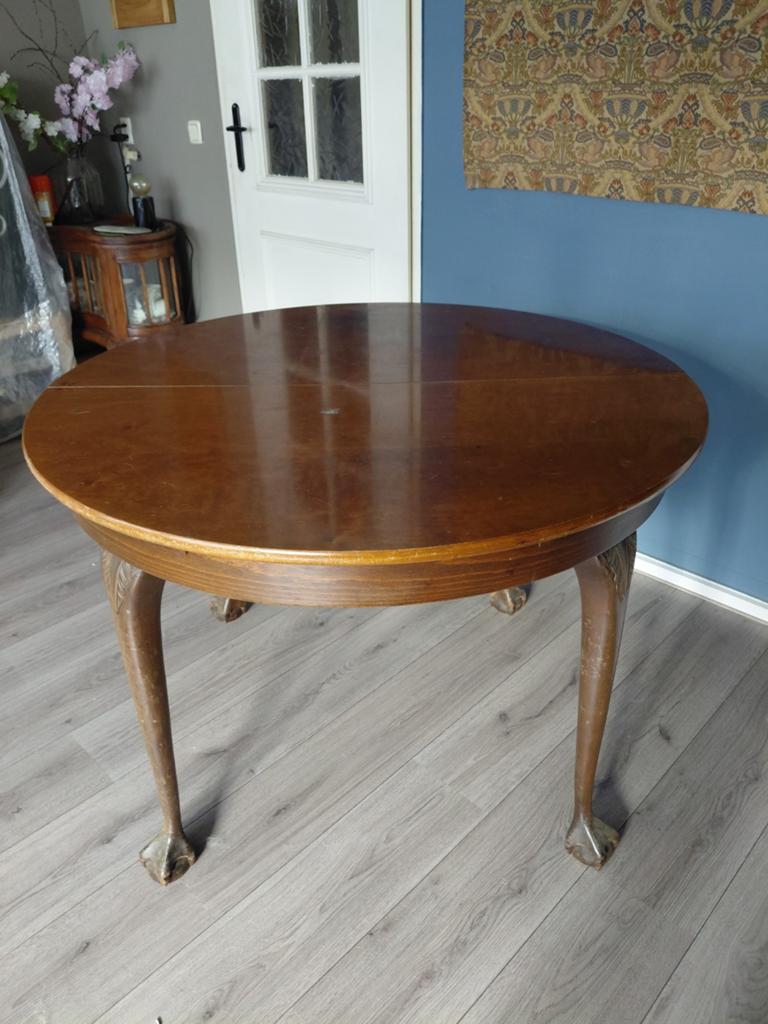 Uitschuifbare ronde eettafel met leeuwenpoten, Antiek en Kunst, Ophalen of Verzenden