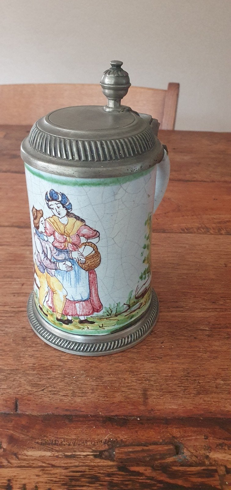 Faience bierpul walzenkrug met tinnen deksel, Antiek en Kunst, Ophalen of Verzenden