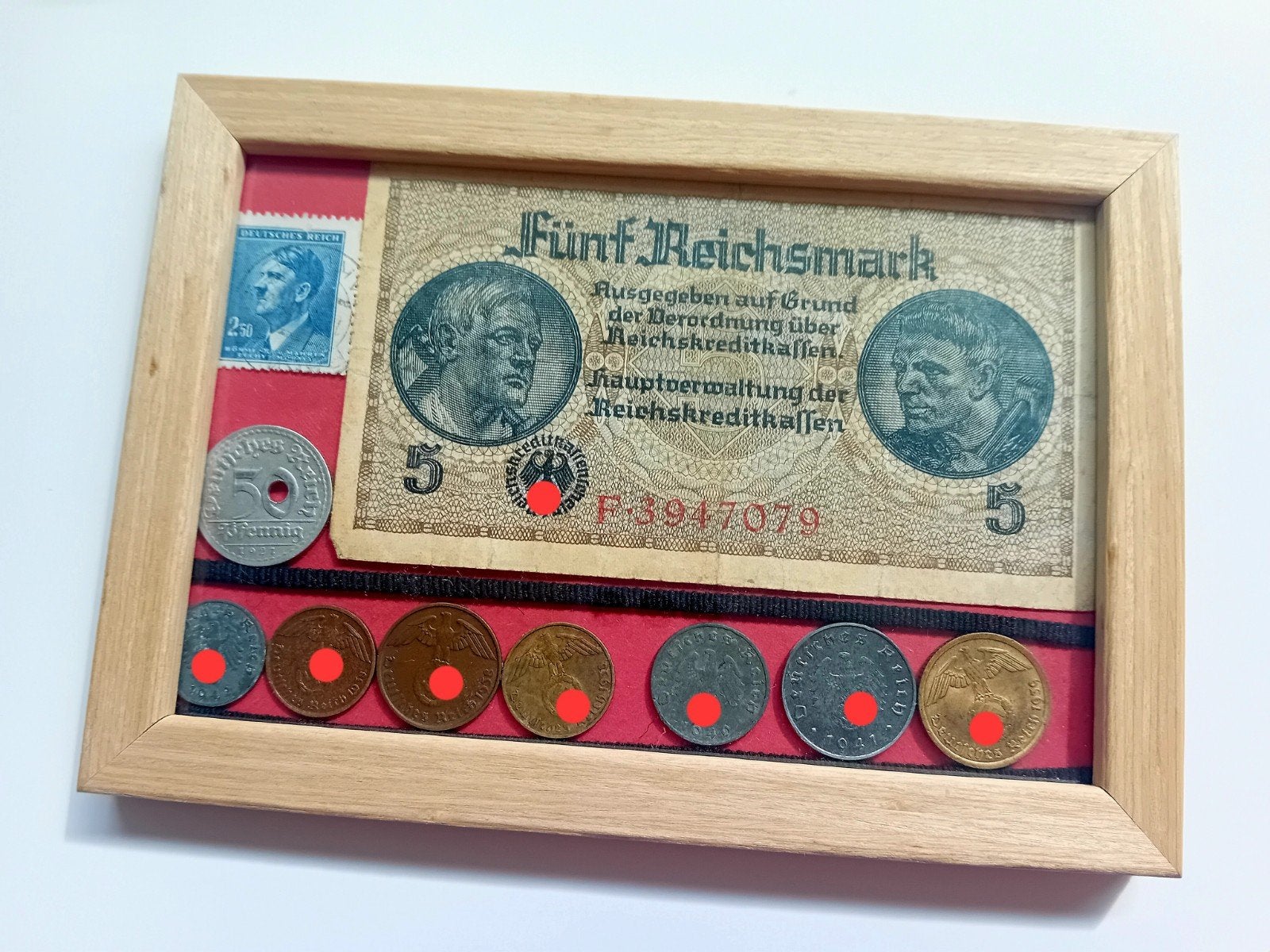 WO2 Vitrinelijst - 5 Reichsmark, Complete Reichspfennig-reek, Ophalen of Verzenden, Luchtmacht, Duitsland, Hulzen of Bodemvondsten