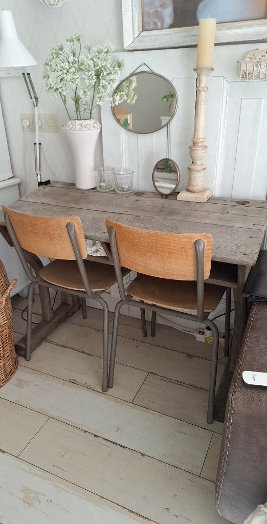 zware oude dubbele schoolbank, eikenhout, Huis en Inrichting, Tafels | Bijzettafels, Ophalen, Gebruikt, Rond, 75 cm of meer
