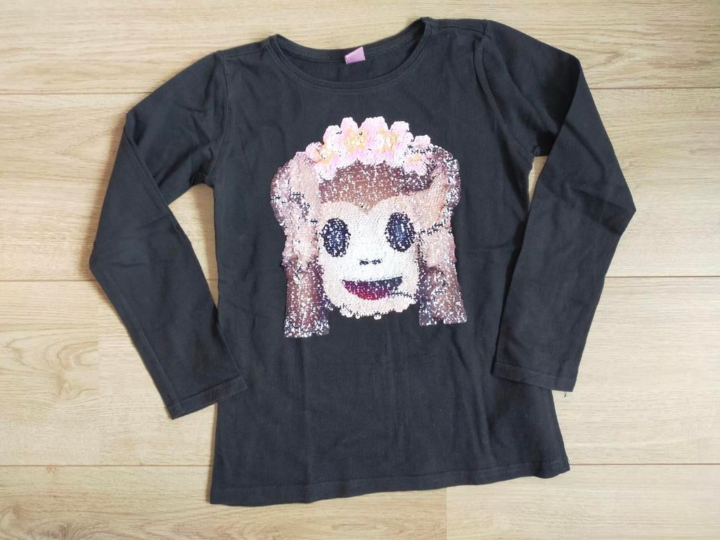 Zgan! Leuk zwarte emoticon longsleeve van Dopodopo! Mt 128, Kinderen en Baby's, Kinderkleding | Maat 128, Meisje, Ophalen of Verzenden