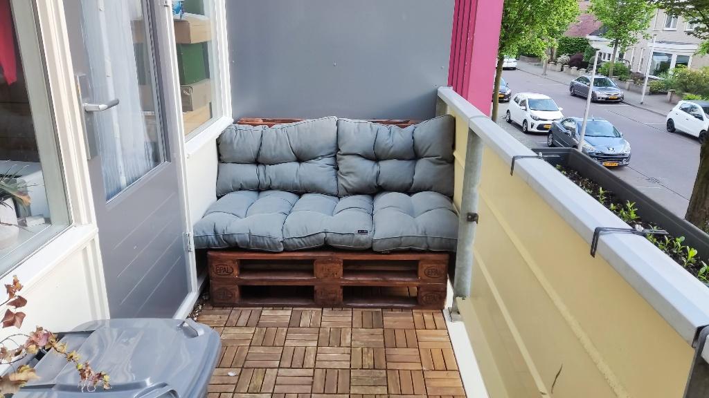 Pallet bank met 5 antraciet kussens, Tuin en Terras, Tuinbanken, Ophalen, Gebruikt, Hout