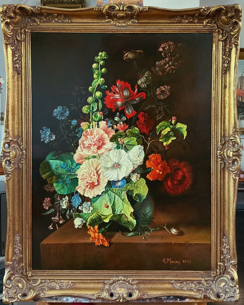 Stokrozen in een vaas, naar Jan van Huysum, 1682-1749., Bijzondere lijst, Doek, Olieverf, Klassiek
