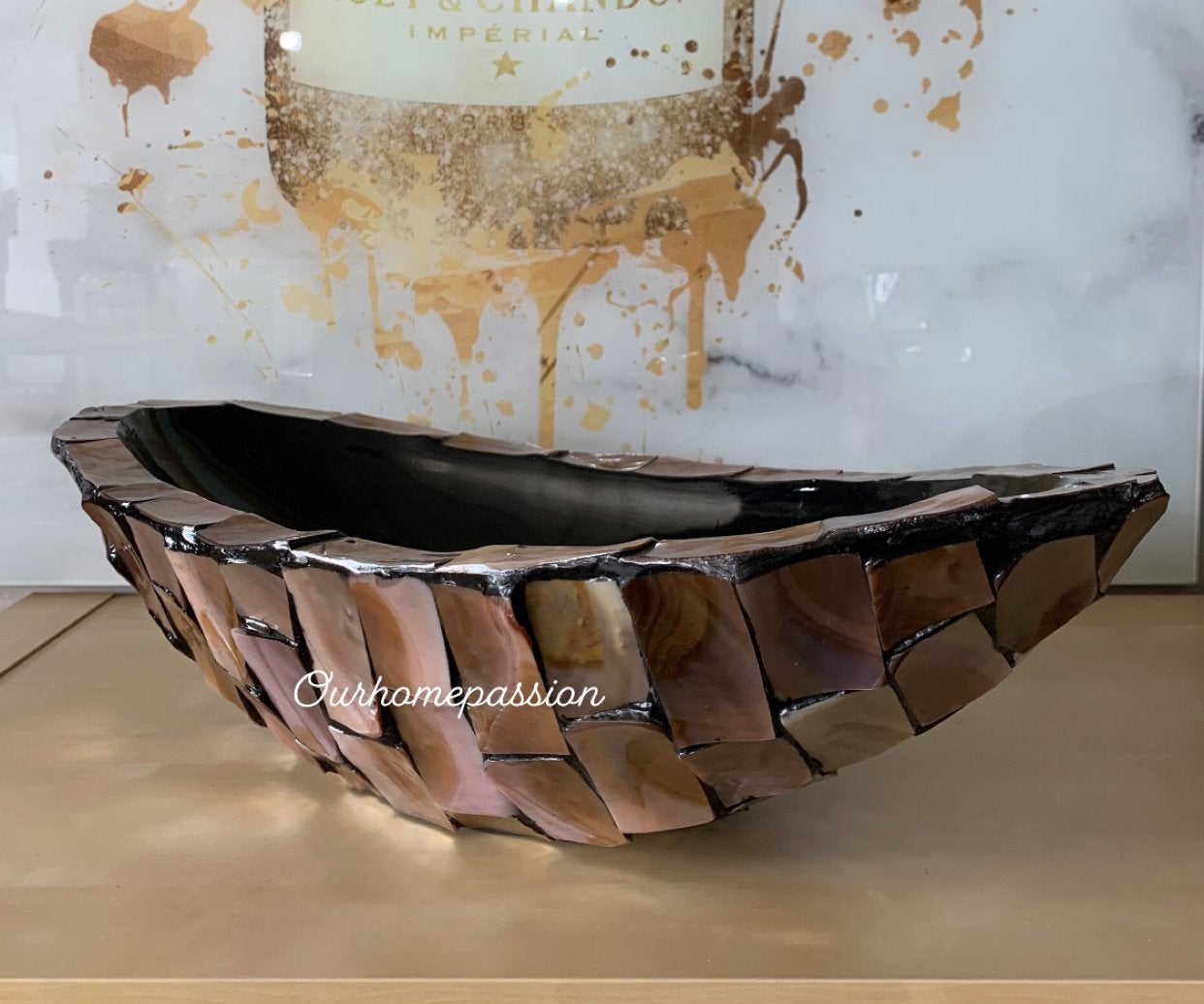 SCHELPEN VAAS MOTHER OF PEARL BROWN SCHUIT, Ophalen of Verzenden, Zo goed als nieuw, Rond, Hout