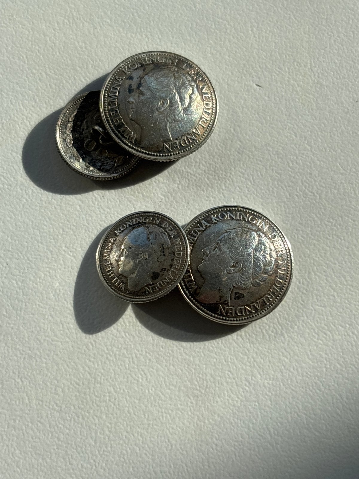 Unieke zilveren manchetknopen van Nederlandse munten, Ophalen of Verzenden, Gebruikt, Zilver