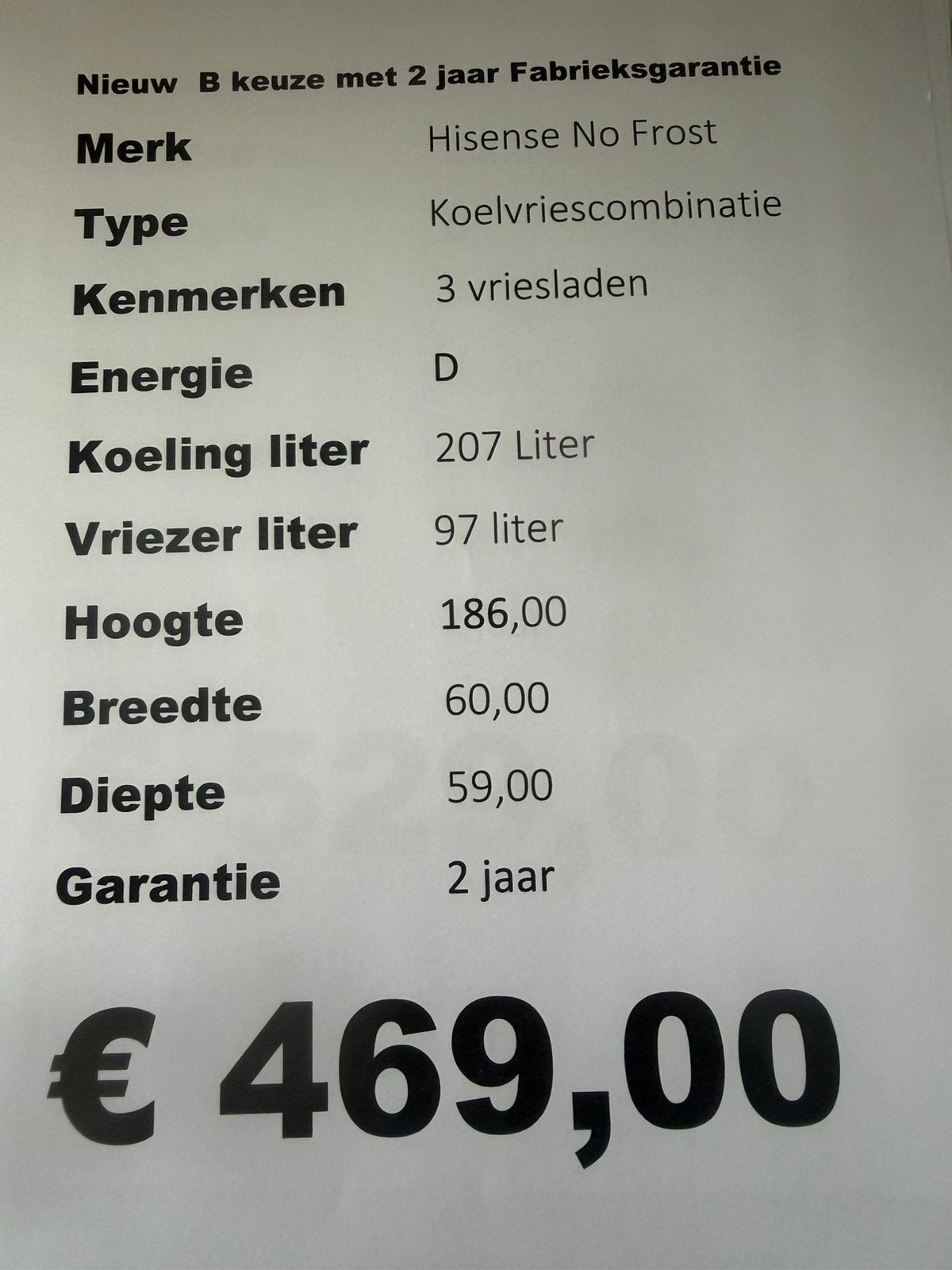 Hisense no Frost koelvriescombinatie nieuw wit 186 hoog, Ophalen, Hisense, Hisense, 200 liter of meer
