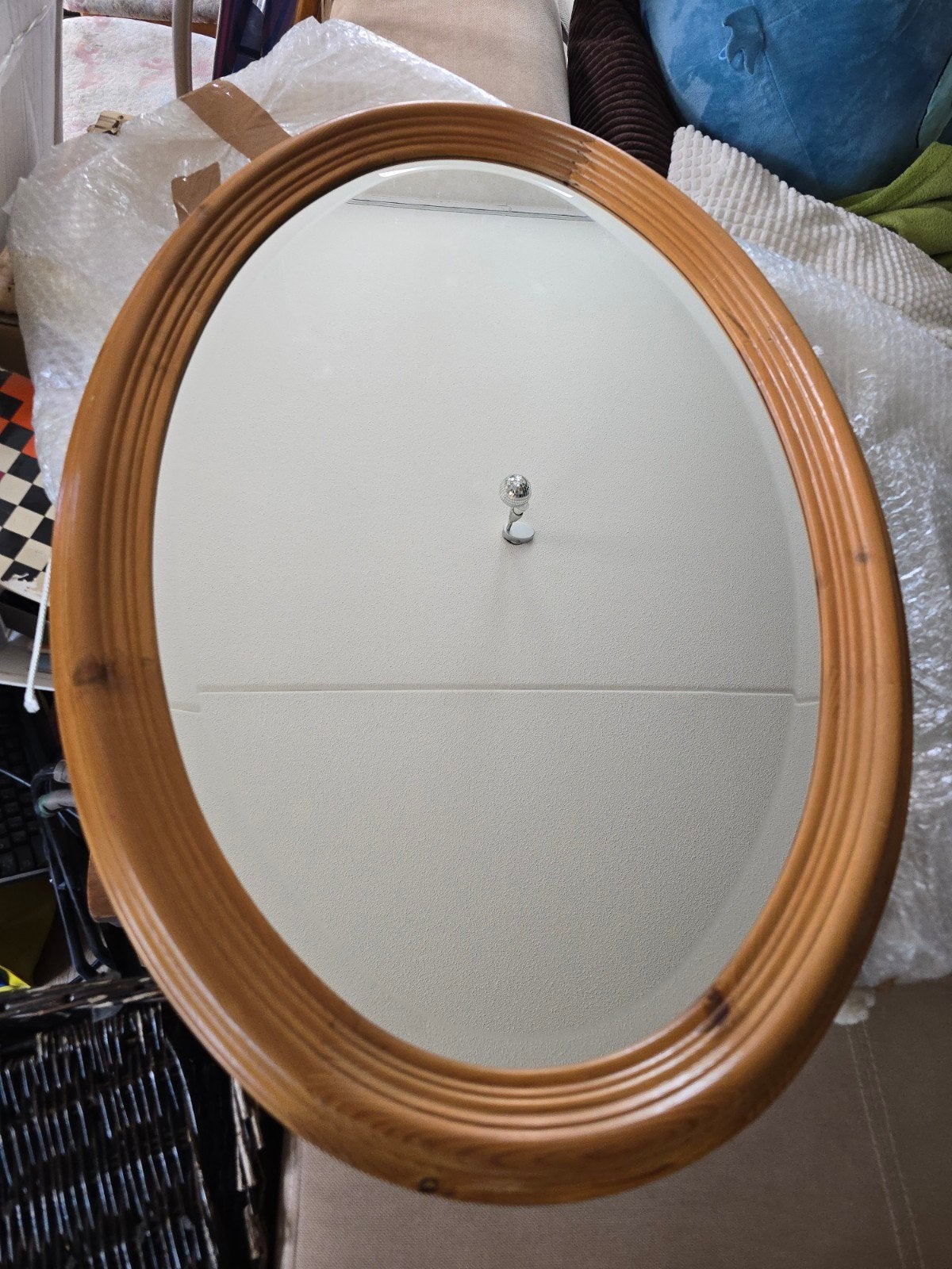 Ovale spiegel met grenen houten lijst, Ophalen, Gebruikt, Minder dan 100 cm, Ovaal