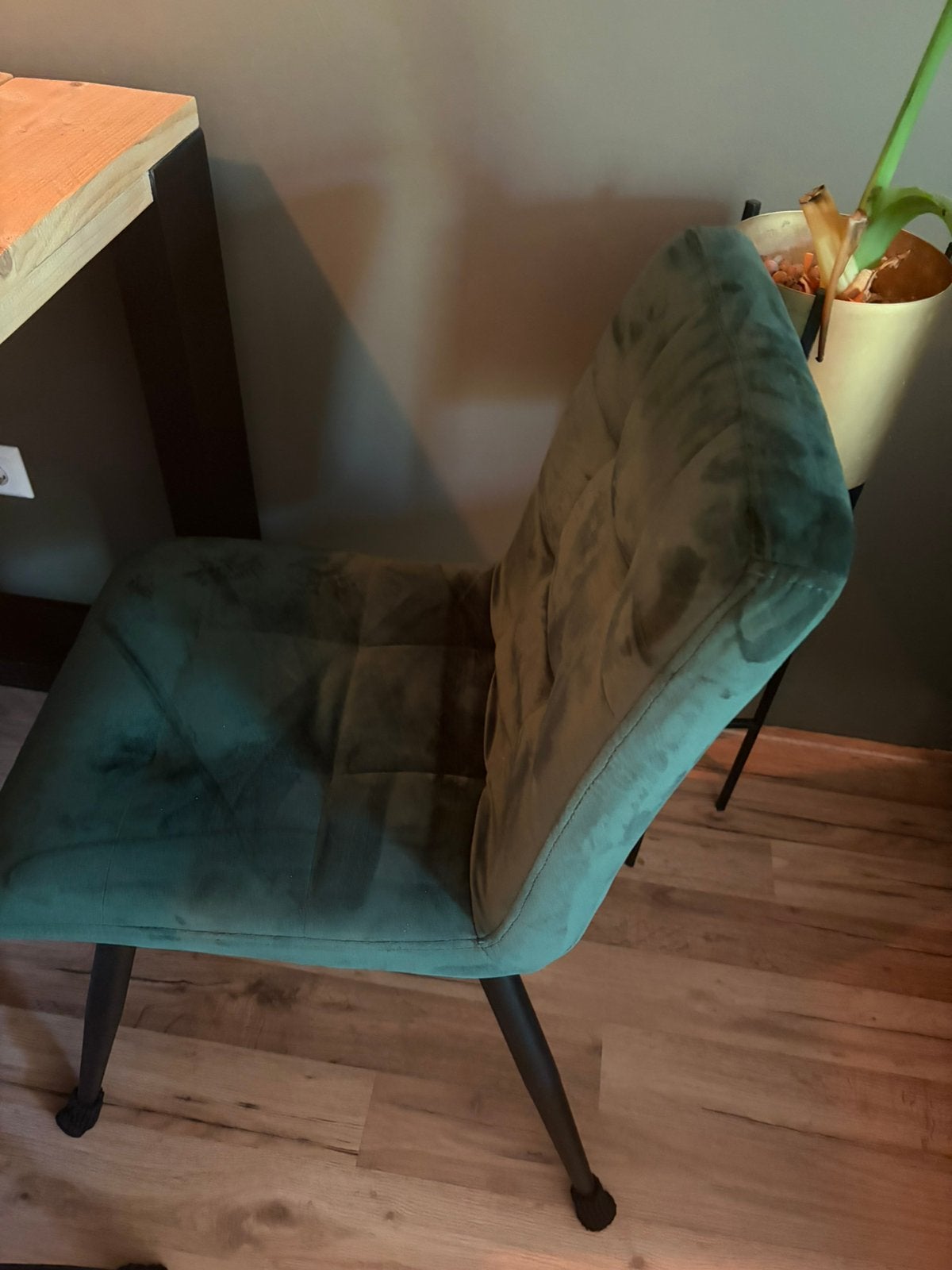 Industriële eettafel + 6 velvet eetkamerstoelen, Ophalen, Zo goed als nieuw, Grijs, Vijf, Zes of meer stoelen