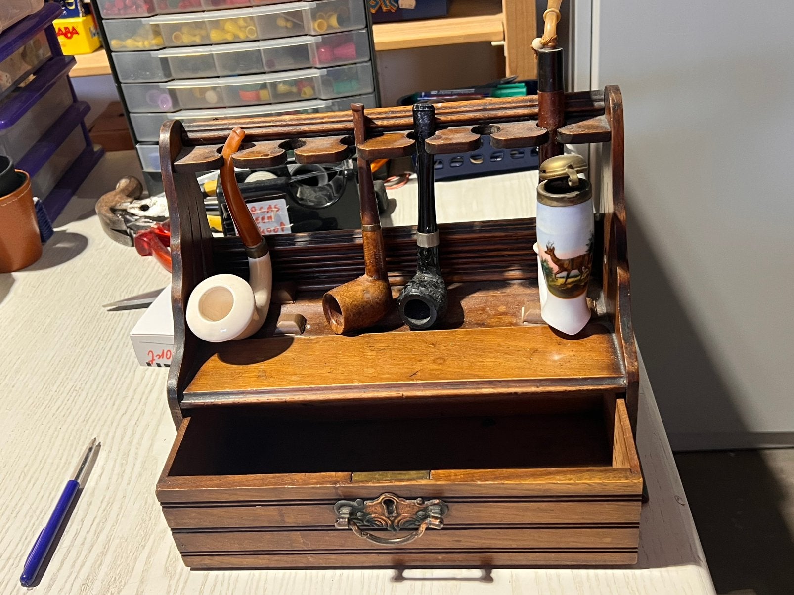Vintage houten pijpenrek 4 pijpen oxford bruyere jachtpijp, Gebruikt, Ophalen of Verzenden, X, X