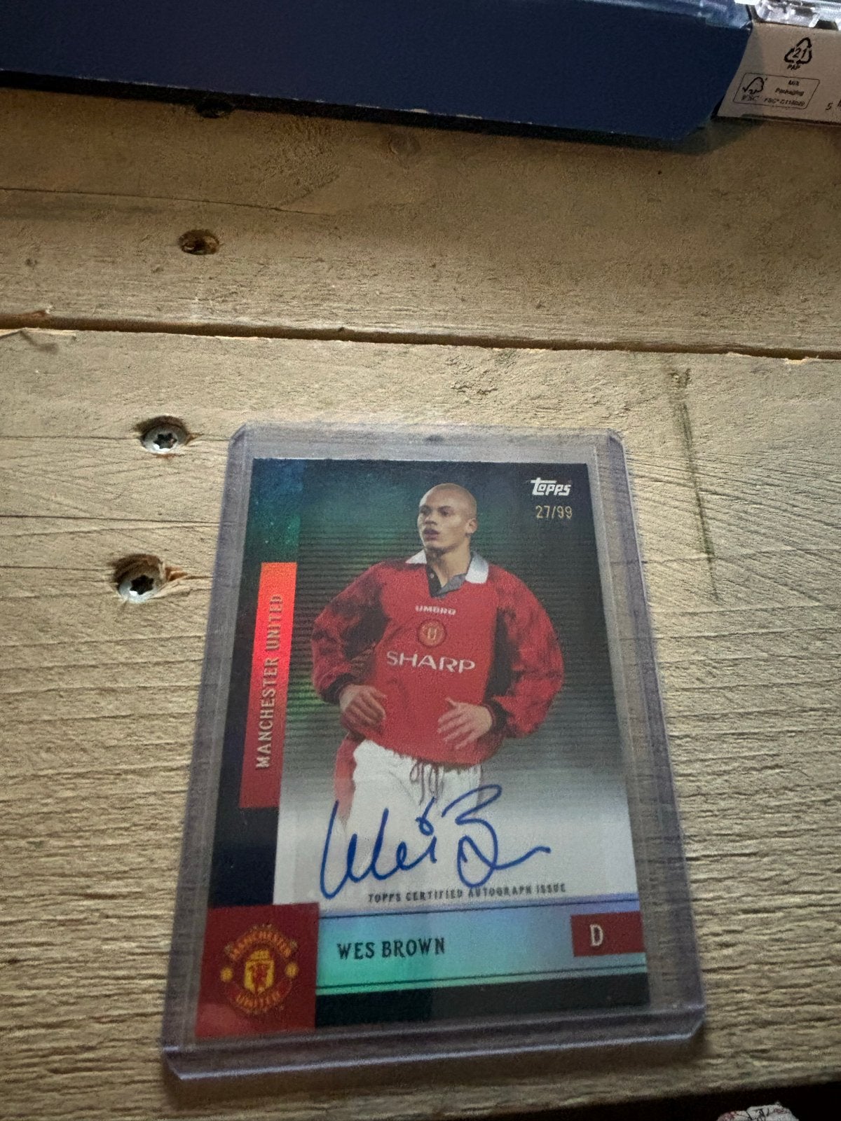 Topps Wes Brown /100 Gesigneerde Voetbalkaart Manchester Uni, Verzamelen, Ophalen of Verzenden, Zo goed als nieuw, Buitenlandse clubs