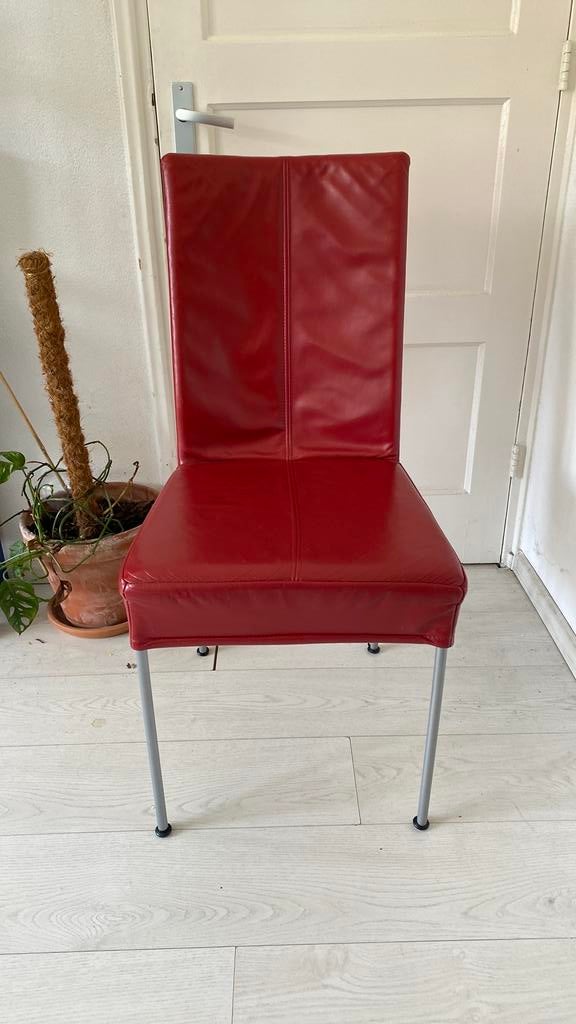 4 HVS Rood Leren Eetkamerstoelen, Huis en Inrichting, Stoelen, Ophalen, Leer, Zo goed als nieuw, Vier