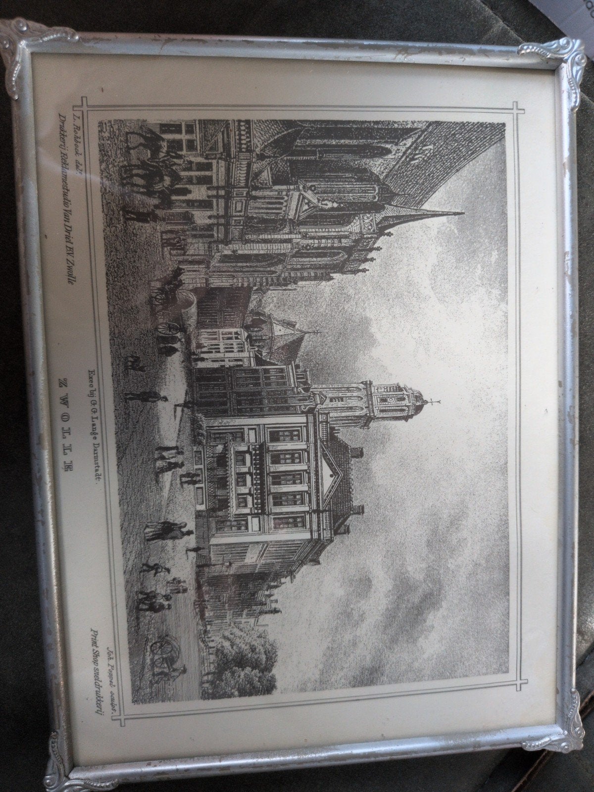Antieke prent Zwolle, stadsgezicht, ingelijst, Ingelijst, 1800 - 1899, Ophalen of Verzenden, Overige technieken