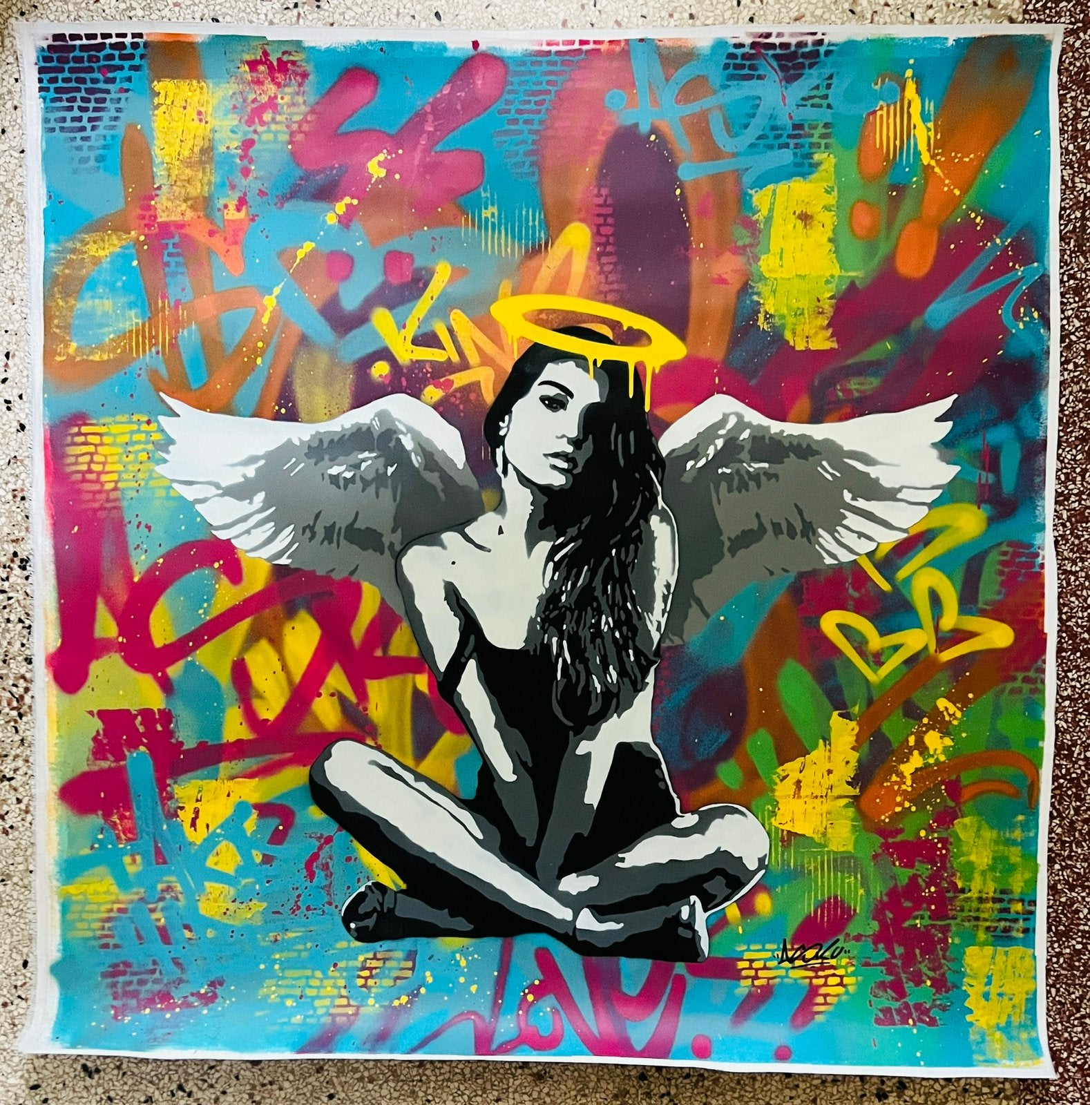 Believe - Asko (kleurrijk, spray-paint, 111 x 111 cm), Echtheidscertificaat, Figuren, Ophalen of Verzenden, Gemengde techniek