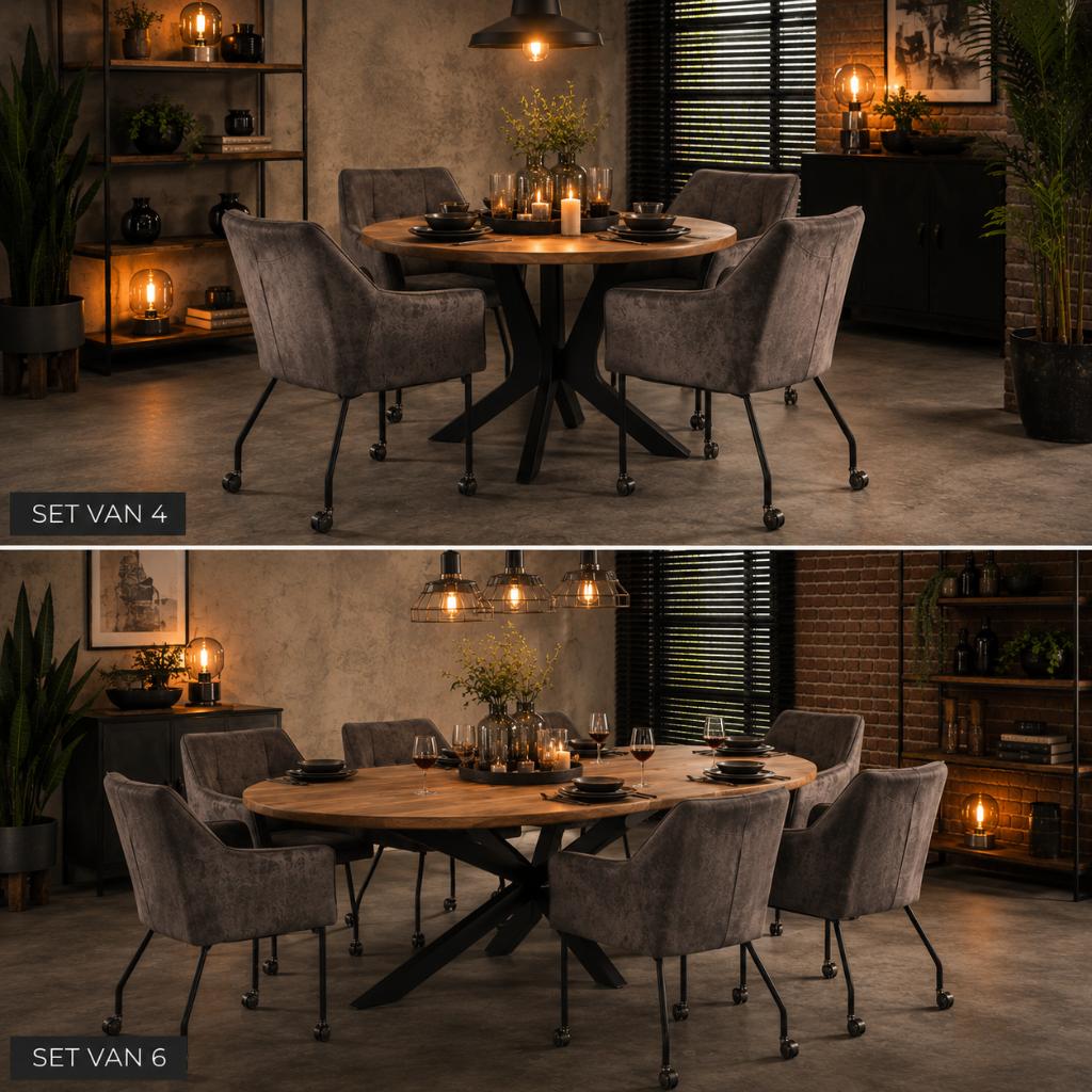 NIEUWE set 4 of 6 stoelen NU in de OUTLET! Op=op, Ophalen, Nieuw, Modern, Met wielen, Velvet stof, Design, Adore stof, Antraciet