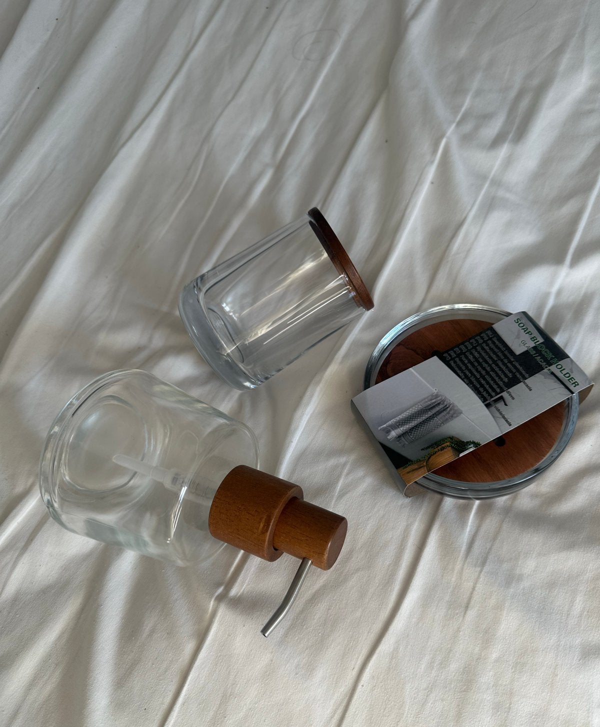 Glazen Zeepdispenser en Beker met Houten Details, Ophalen, Nieuw