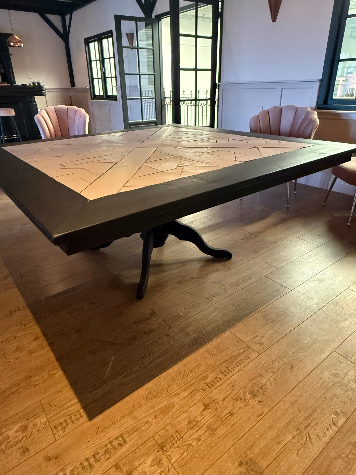 Vierkante eettafel 180x180 met ingelegd houten blad, Ophalen, Gebruikt, 150 tot 200 cm, Vierkant