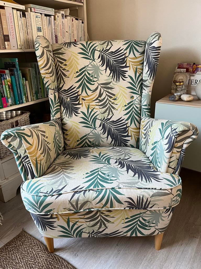 IKEA Strandmon Fauteuil met tropische print, Ophalen, Zo goed als nieuw, Stof, 75 tot 100 cm
