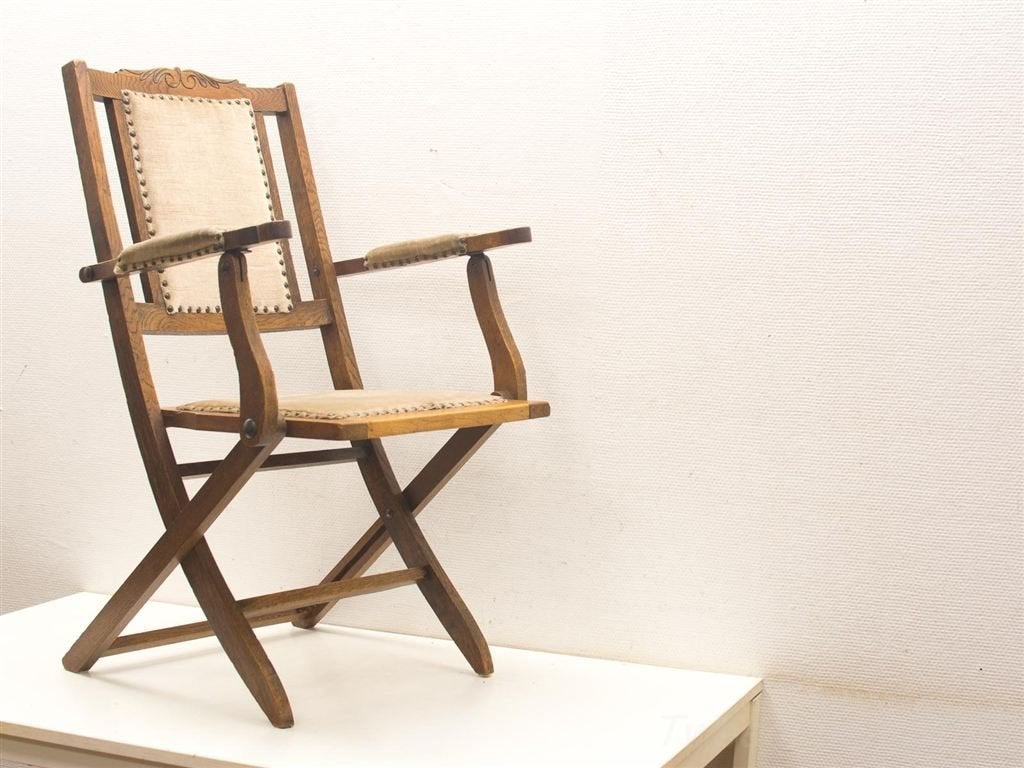 inklapbare vintage stoel 15889, Huis en Inrichting, Gebruikt, Bruin, Ophalen of Verzenden, Vijf, Zes of meer stoelen