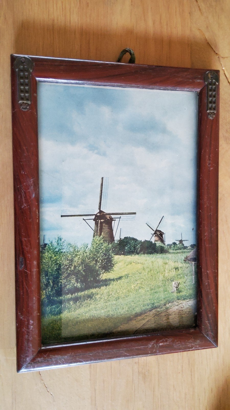 Antiek houten fotolijstje schilderijtje ijzer bewerkte hoek., Ophalen of Verzenden
