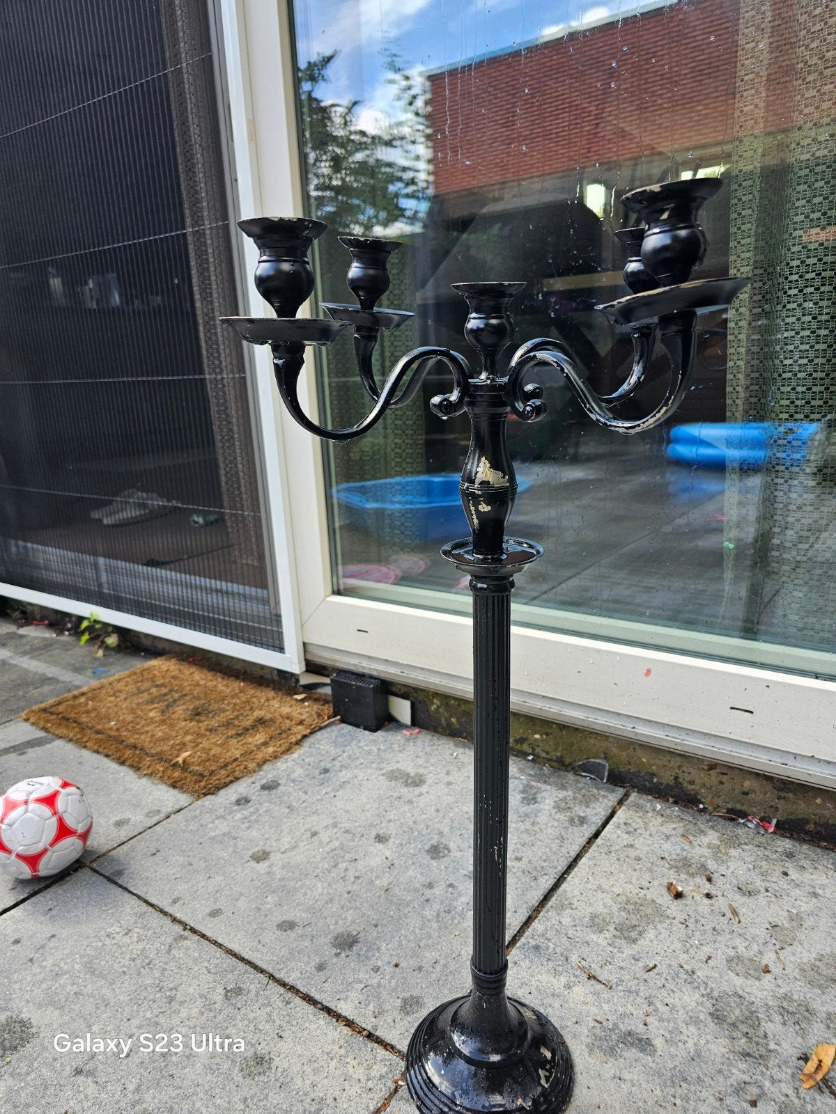 Zwarte metalen kandelaar voor 5 kaarsen, 100 cm hoog, Gebruikt, Ophalen of Verzenden, Metaal, Kandelaar