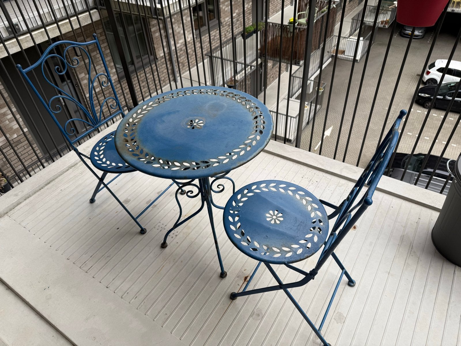 Blauwe vintage tuinset met 2 stoelen en tafel, Overige materialen, Gebruikt, Eettafel, Tuinset