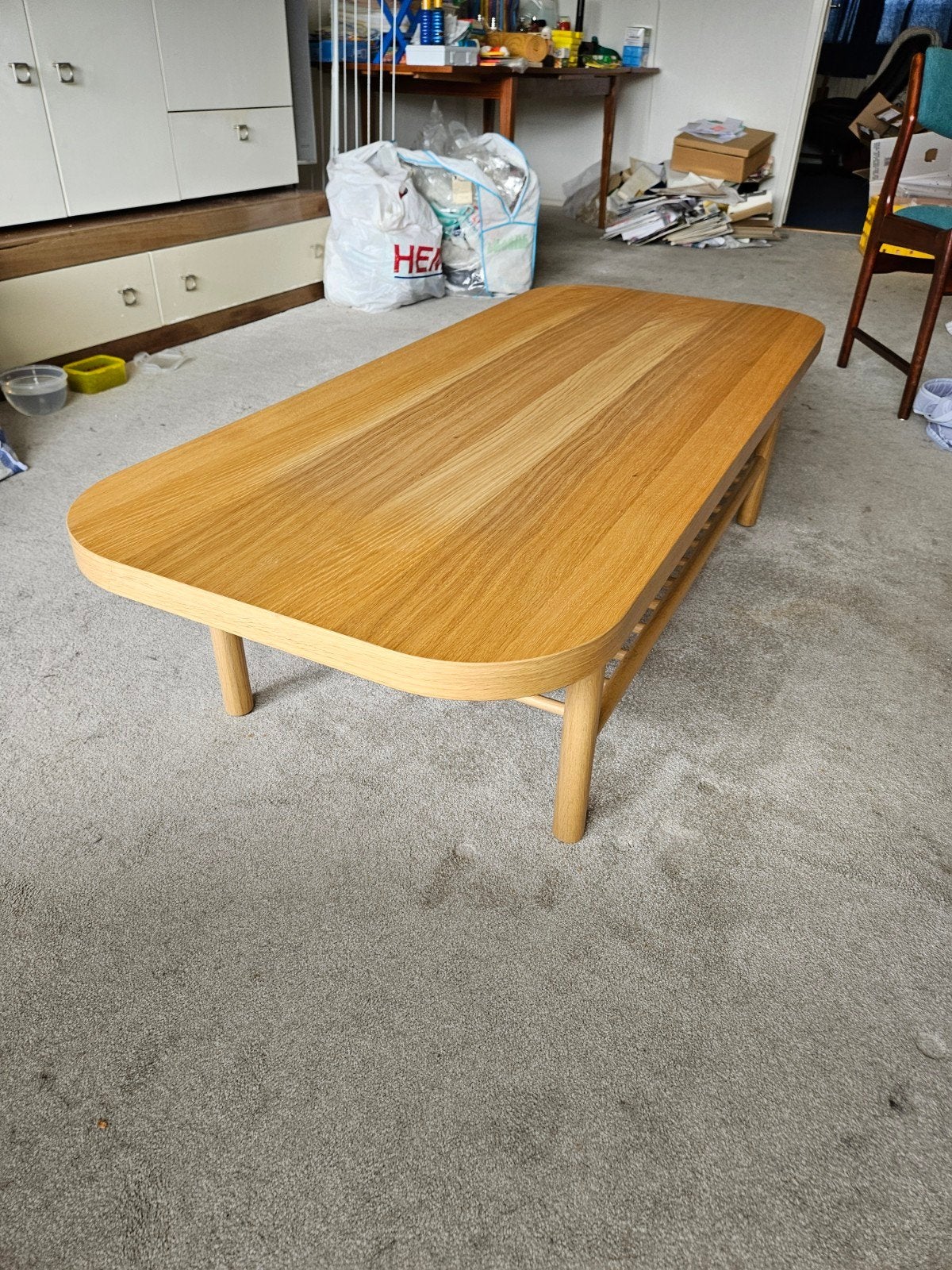 Ikea LISTERBY Salontafel eikenfineer 140x60 cm, Ophalen, 100 tot 150 cm, 50 tot 100 cm, Zo goed als nieuw